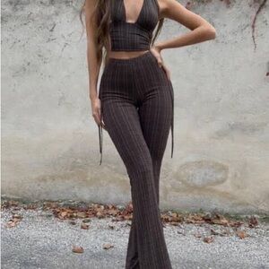 Tiger Mist - Brown Plaid Crop top & Pants Set